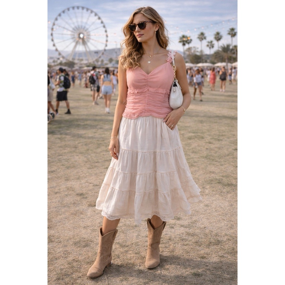 W D N Y Top S Pink Silk Ruched Ruffle Sheer Fairycore Coquette RomanticY2K